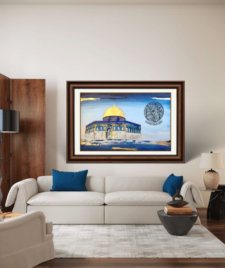 Golden Dome mosque painting by saima khan, painting by saima khan, Calligraphy by saima khan, saima khan art, saima khan painting